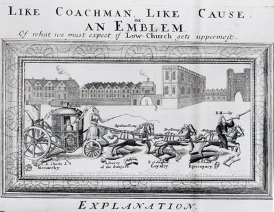 Allegori om farene ved lavkirkelig puritanisme til monarkiet, subjektets frihet, lojalitet og bispedømme, ca. 1640-45 av English School