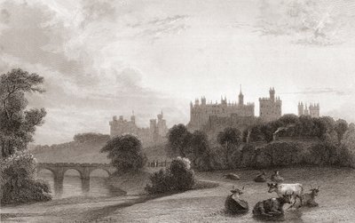 Alnwick Castle, Alnwick, Northumberland, England, på begynnelsen av 1800-tallet. Brukt som lokasjon i Harry Potter-filmer. Fra Churtons Portrait and Lanscape Gallery, utgitt 1836. av English School
