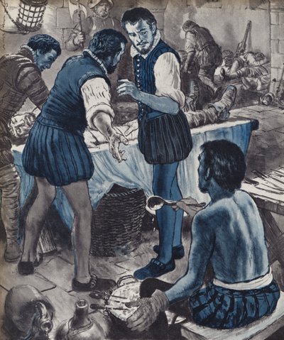 Ambroise Pare, militærkirurg, da oljen gikk tom (litho) av English School