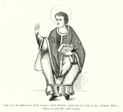 En angelsaksisk prest iført en svart Dalmatic, kantet med pels, klar til å si en Requiem-messe (gravering) av English School