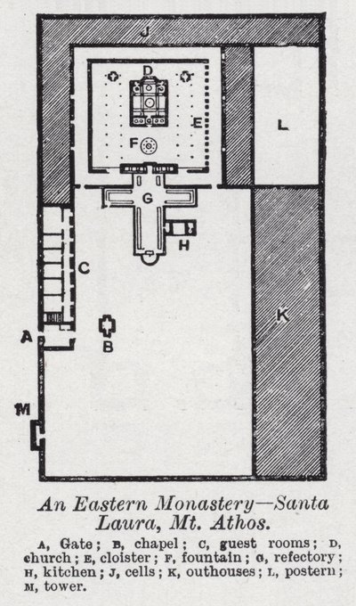 Et østlig kloster, Santa Laura, Mt Athos (litho) av English School