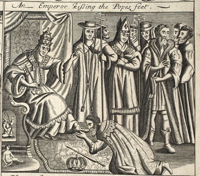 En keiser som kysser pavenes føtter, illustrasjon fra Acts and Monuments av John Foxe, niende utgave, pub. 1684 av English School