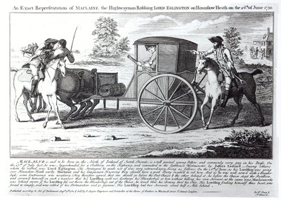 En eksakt representasjon av Maclaine the Highwayman som røver Lord Eglington på Hounslow Heath den 26. juni 1750 av English School