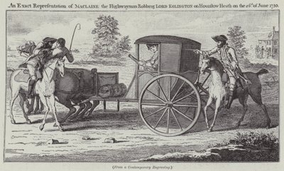 En eksakt representasjon av Maclaine the Highwayman som ranet Lord Eglington på Hounslow Heath 26. juni 1750 (gravering) av English School