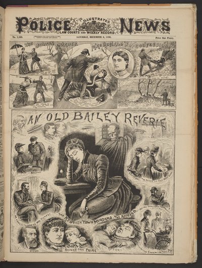 En Old Bailey-dagdrøm, fra The Illustrated Police News, lørdag 6. desember 1890 (avispapir) av English School