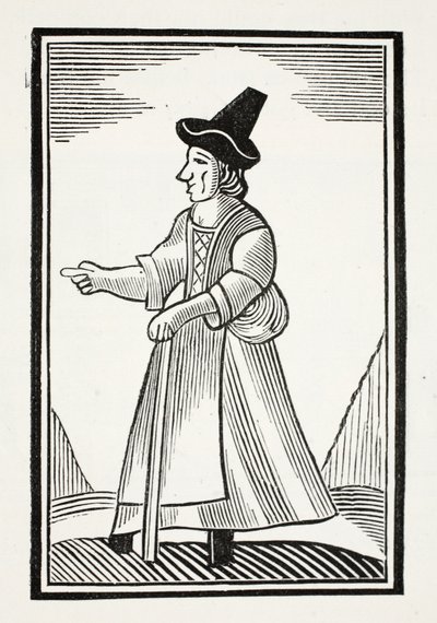 En gammel kvinne som skjeller ut i en høy kronet hatt, illustrasjon fra Chapter-books of the Eighteenth Century av John Ashton, pub. 1882 av English School