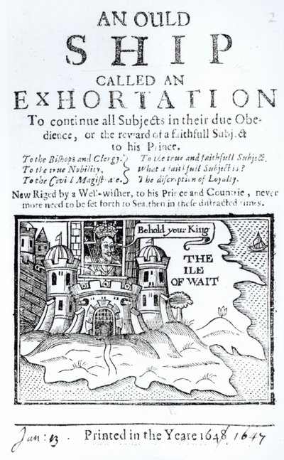 Et gammelt skip kalt en formaning, Charles I fengslet ved Carisbrooke Castle på Isle of Wight, ca. 1647 av English School