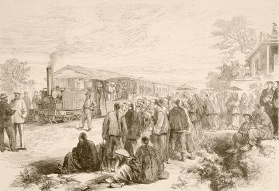 En tidlig kinesisk jernbane ca. 1880 (litho) av English School