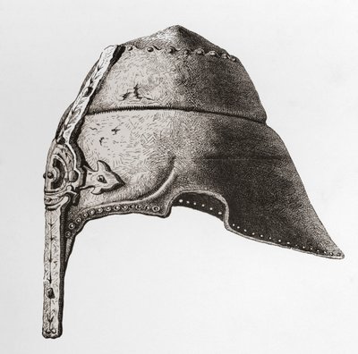 En tidlig nesehjelm fra det tolvte århundre, fra The British Army: Its Origins, Progress and Equipment, utgitt 1868. av English School