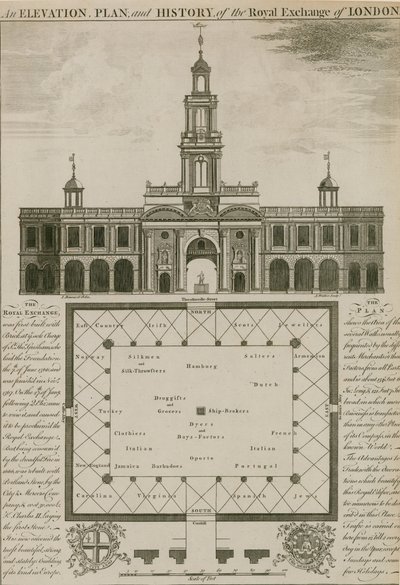 En høyde, plan og historie til Royal Exchange, London av English School