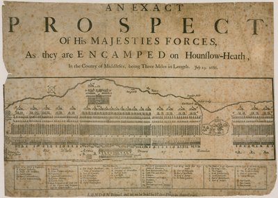 Et eksakt utsikter til hans Majestys styrker, da de ligger leir på Hounslow Heath, 19. juli 1686 av English School
