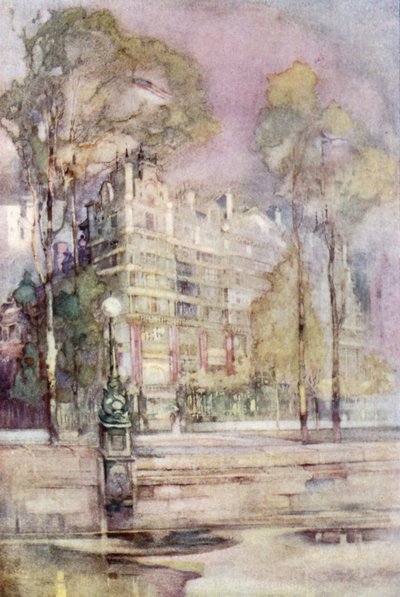 En impresjonistisk utsikt over elvefronten til Savoy Hotel (farge litho) av English School