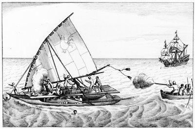 En hendelse under Le Maires (ca. 1585-1616) og Schoutens (ca. 1567-1625) jordomseiling i 1615-16, fra bind II av Chronological History of the Voyages and Discoveries in the South Sea av English School