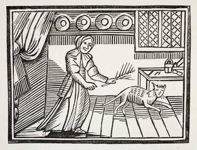 En gammel kvinne som pisker katten sin for å fange mus på en søndag, illustrasjon fra Chap-books of the Eighteenth Century av John Ashton, pub. 1882 av English School