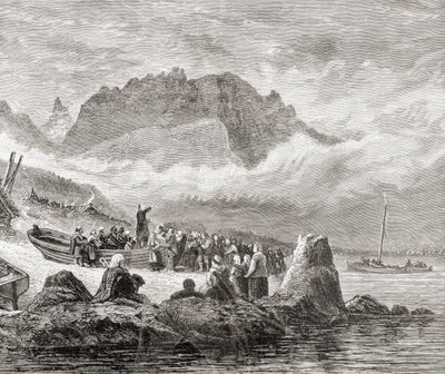 En friluftstjeneste på Isle of Skye, Indre Hebridene, fra 'Scottish Pictures Drawn with Pen and Pencil', av Samuel G. Green, utgitt i 1886 av English School