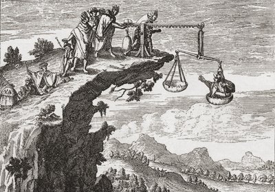 En uvanlig metode for å presse tilståelser fra kriminelle, etter en tegning fra 1500-tallet av Theodorus de Bry. Scenen viser forbryteren som sitter i urettferdighetens vekt mens en prest lener seg over stupet klar til å motta tilståelsen hans. Presumabl av English School