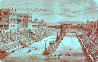 Ancient Arena Restored - Showing a Chariot Race, illustrasjon fra The Illustrated History of the World, publisert ca. 1880 (digitalt forbedret bilde) av English School
