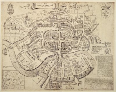 Gamle bykart over Bristol og dets forsteder, trykt, fargelagt og solgt av Robert Walton av English School