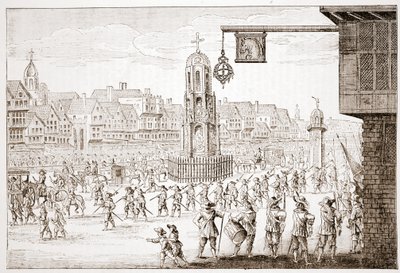 Ancient View of Cheapside, fra La Serres Entree de la Revne Mere du Roy, som viser prosesjonen til Mary of Medicis av English School