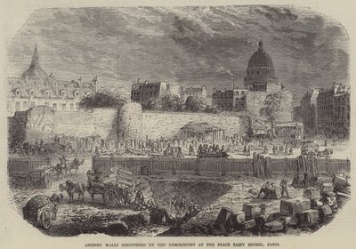 Gamle murer oppdaget av rivingene på Place Saint Michel, Paris (gravering) av English School