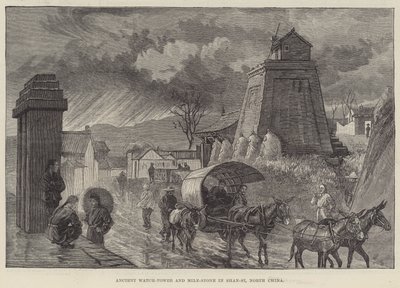 Gamle vakttårn og milestein i Shan-si, Nord-Kina (gravering) av English School