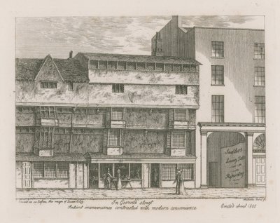 Gammel bekvemmelighet kontrasterte med moderne bekvemmelighet i Gosnell Street, Finsbury av English School