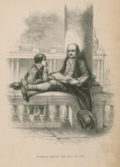 Anderson leser Bibelen for Jack; illustrasjon fra Poor Jack av Frederick Marryat av English School
