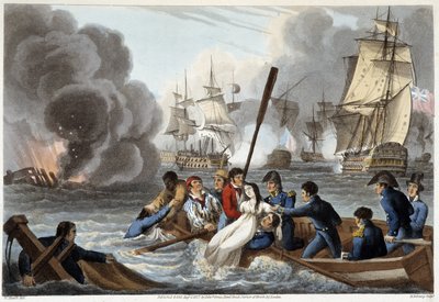 Anekdote om Trafalgar i «Historiske, militære og marine anekdoter og hendelser som nådde Storbritannia og deres allierte, og endte i Waterloo» av Edward Orme. Illustrasjoner av Fry, Sutherland, Clark, Dubourg, W. Heart, JA, Atkinson... Red. 1819, L av English School