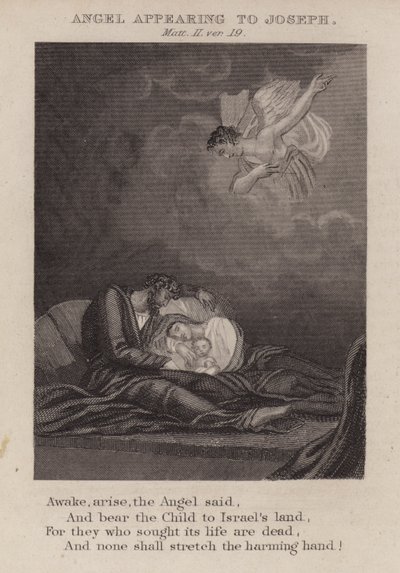 Engel som viser seg for Josef, Matteus II, ver 19 (gravering) av English School