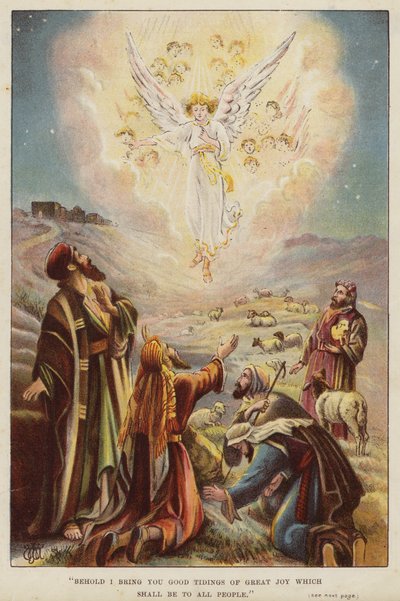 Engel som forteller gjeterne om Jesu Kristi fødsel (chromolitho) av English School