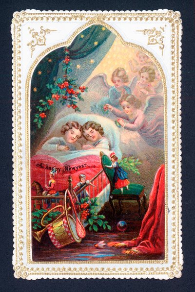 Engler som passer på barn i sengen, julekort av English School