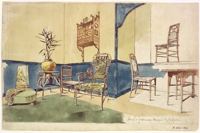 Møbeldesign i Anglo japansk stil av Edward William Godwin (1833-86) ca. 1860 (wc på papir) av English School