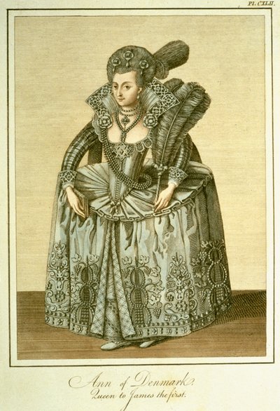 Anne av Danmark (1574-1619) kone til James I, illustrasjon fra The Complete View of the Dress and Habits of the People of England bind II, publisert 1799 av English School