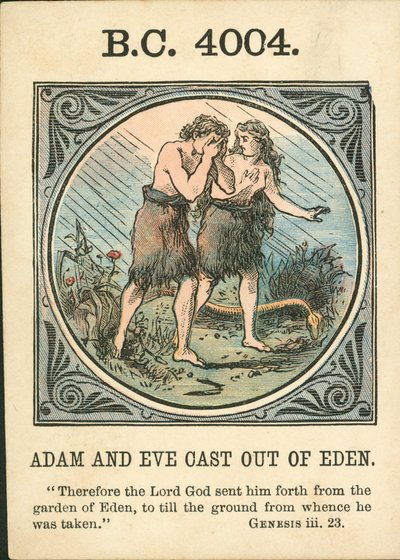 Anno Mundi: 4004 f.Kr., Adam og Eva kastet ut av Edens hage (fargelitografi) av English School