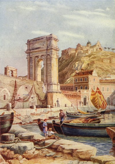 Trajans bue og havnen i Ancona, Italia (farge litho) av English School