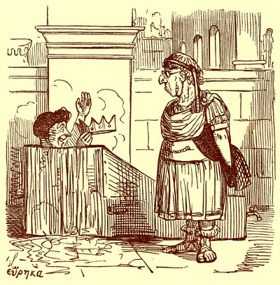 Archimedes som tar et varmt bad, illustrasjon fra The Comic History of Rome av Gilbert Abbott a Beckett, publisert ca. 1850 (digitalt forbedret bilde) av English School