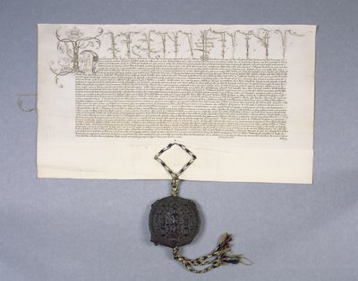 Arkiv 11980: Charteropptaksbevilgning av kong Henry VI til New College Oxford av eiendommene til Newton Longville, 1441 (blekk på pergament) av English School
