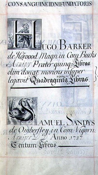 Arkiv 3693 f.48 Side som viser to velgjørere fra New College, Oxford; Hugo Barker og Samuel Sandys, fra en velgjørelsesbok av English School