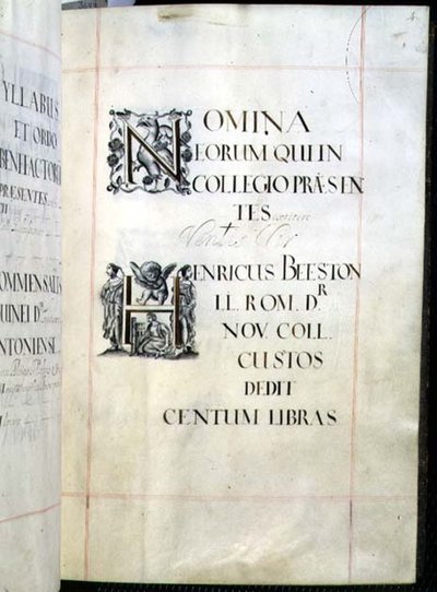 Arkiv 3693 fol.4 Side fra a Benefaction Book of New College, Oxford av English School