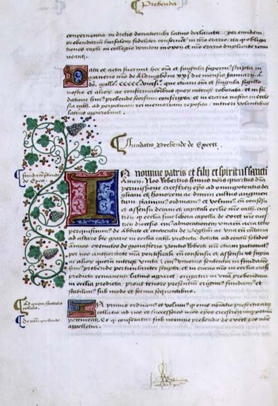 Arkiv 9432 f.15v Side med tekst med opplyst initial, fra Foundations Book of Robert Sherborne eller Shirburn (ca. 1450-1536) Biskop av Chichester (vellum) av English School