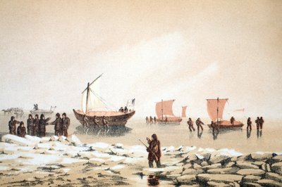Arctic Travelling, illustrasjon fra Voyage to Baffins Bay og Barrow Straits..., 1852 (håndfarget gravering) av English School
