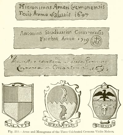 Armene og monogrammene til de tre berømte Cremona-fiolinprodusentene av English School