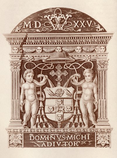 Arms of Cardinal Wolsey i terrakotta ved Hampton Court Palace, fra History of Hampton Court Palace i Tudor Times av Ernest Law, publisert London 1885 av English School