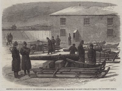 Armstrong våpen pakket på sleder i Ordnance-Yard, St John, New Brunswick, i beredskap for å bli tatt over land til Canada (gravering) av English School