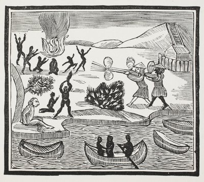 Arrival of Savages with Christian Prisoner, illustrasjon fra Chap-books of the Eighteenth Century av John Ashton, pub. 1882 av English School
