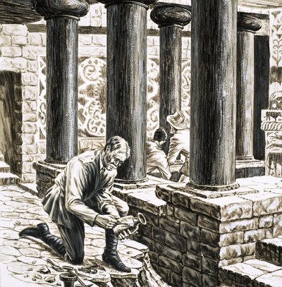 Arthur Evans utforsker restene av det gamle minoiske palasset på Knossos av English School