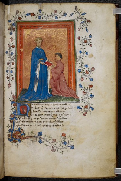 Arundel 38 f.37 Thomas Hoccleve presenterer sin bok `Regement of Princes
