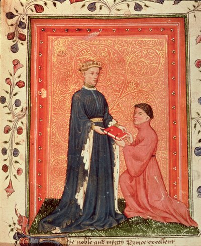 Arundel 38 f.37 Thomas Hoccleve presenting his book `Regement of Princes