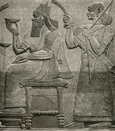 Ashur-nasir-pal II, fra et basrelieff i British Museum, fra The Worlds Inhabitants av G.T. Bettany, utgitt 1888 av English School