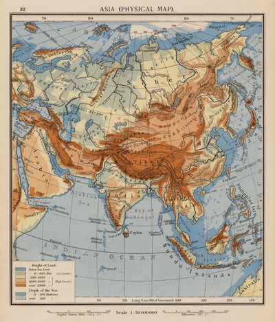 Asia, fysisk kart (fargelitografi) av English School